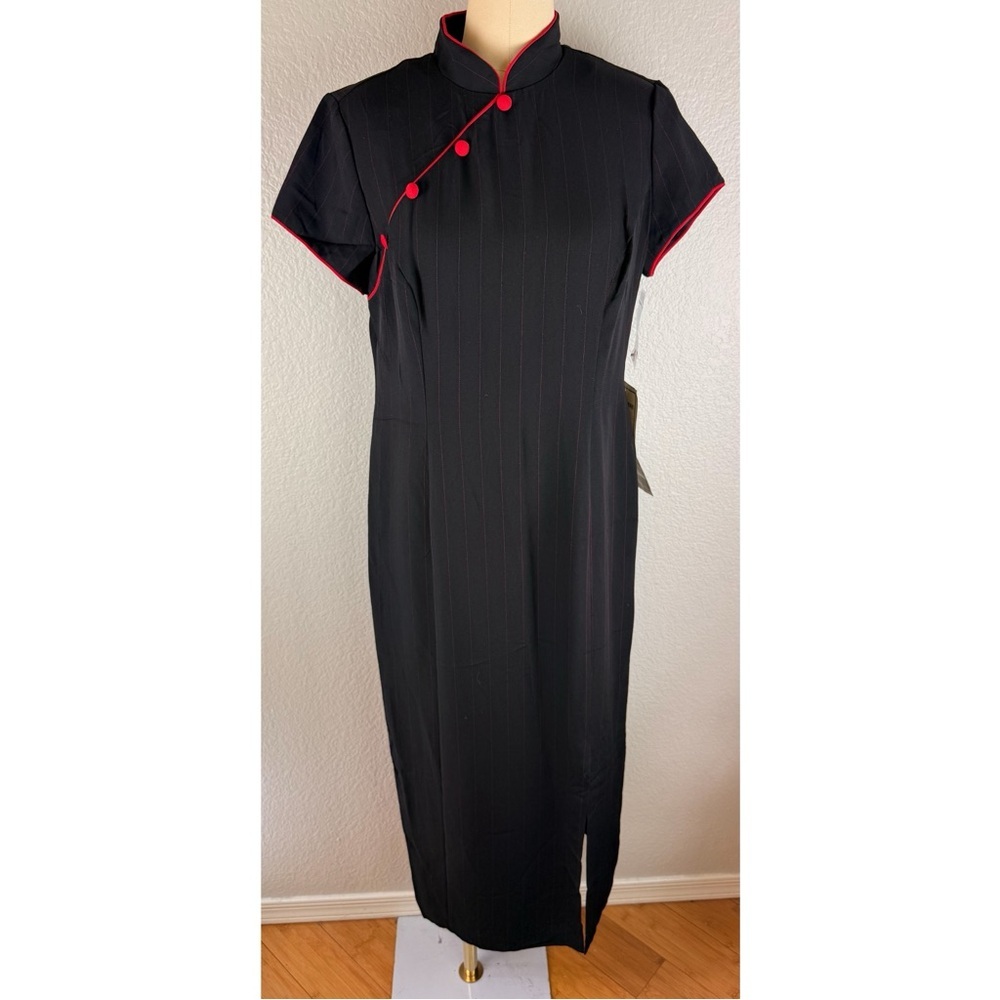 S.L. Fashions NWT Black Maxi Dress with Red Strips & Buttons Zip Back size 10 - Picture 7 of 14